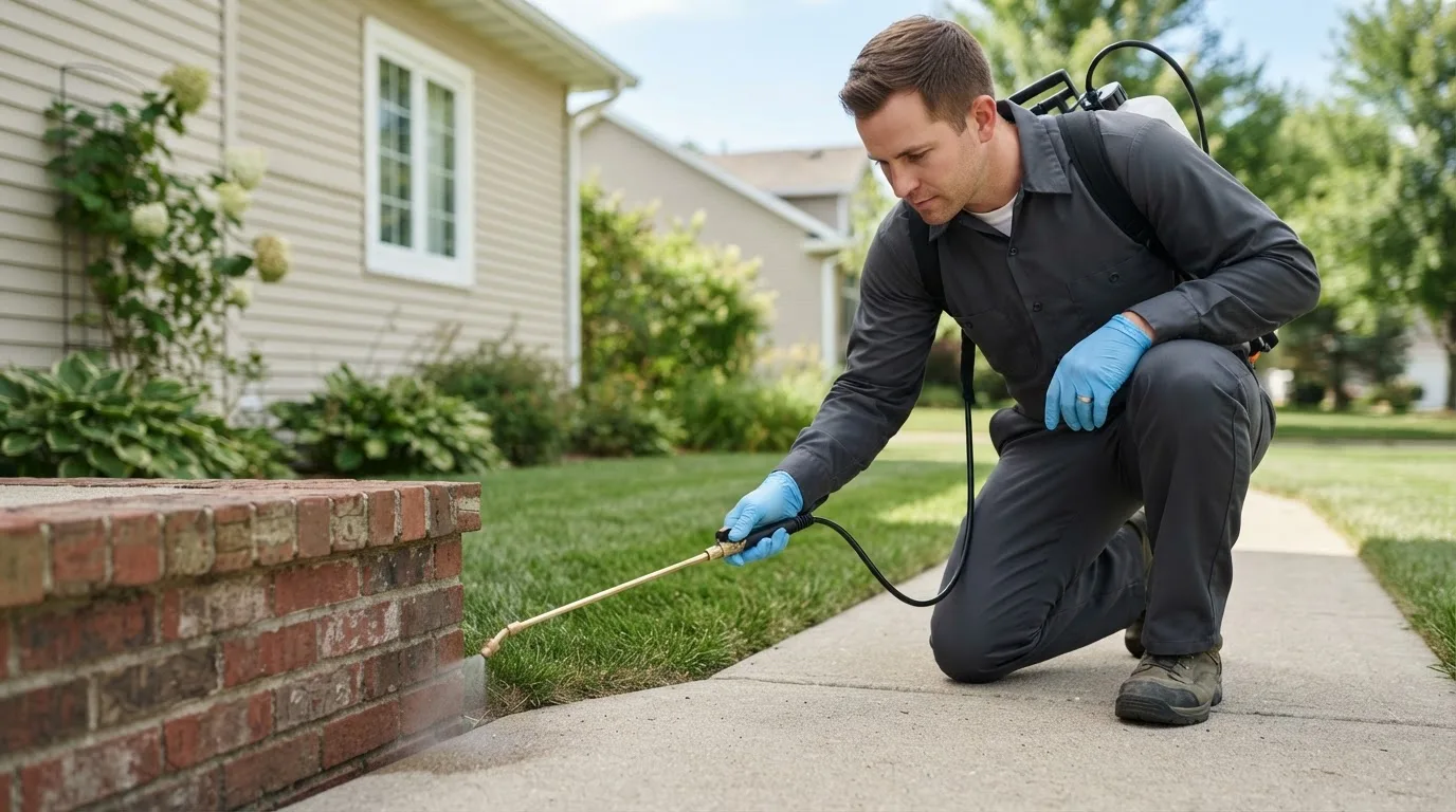 Pest control technician treating a home near Mediapolis, IA
