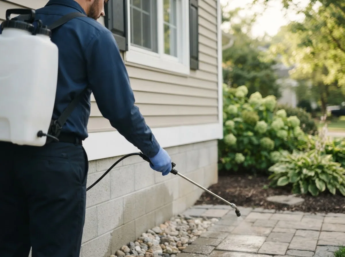 Pest control technician inspecting a home in Mediapolis, IA